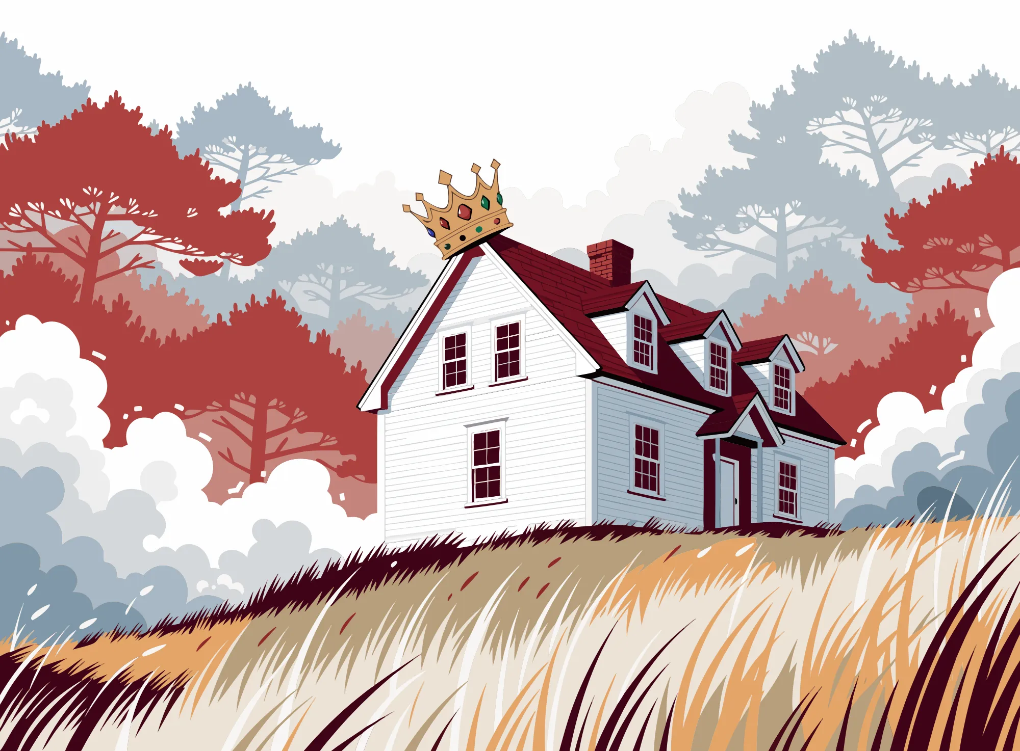 A white clapboard house on a grassy dune in fog, a jeweled crown resting on its roof